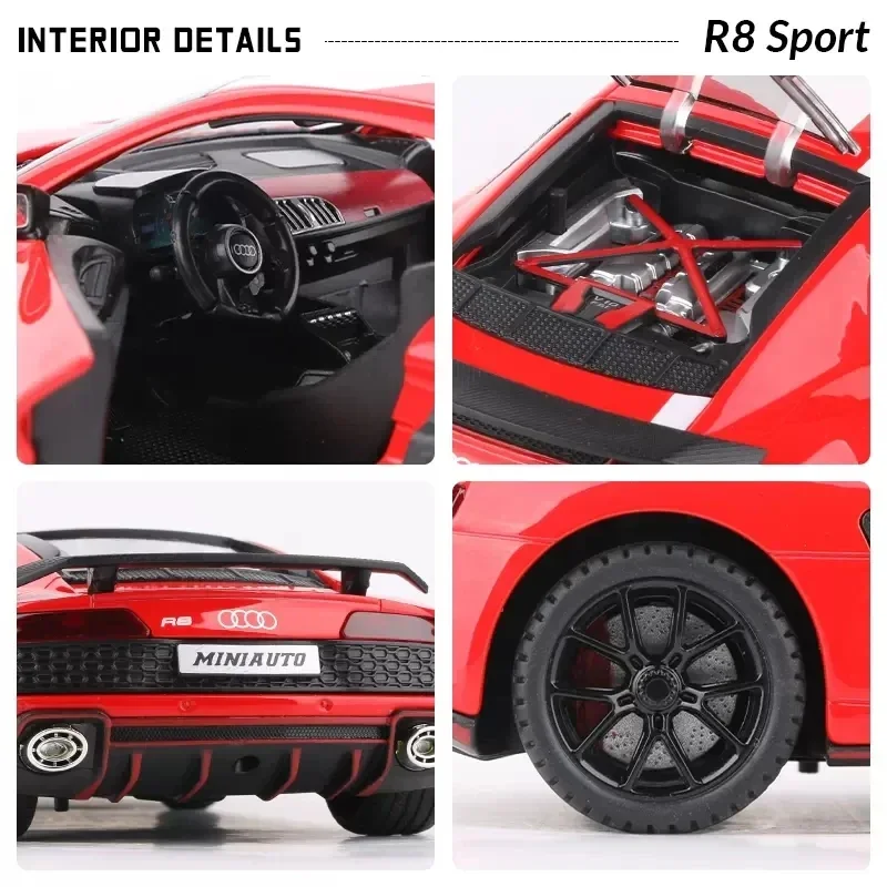 1:24 Audi R8 V10 Sport Alloy Diecast Toy Car Model Wheel Steering Sound and Light Children\'s Toy Collectibles Birthday gift