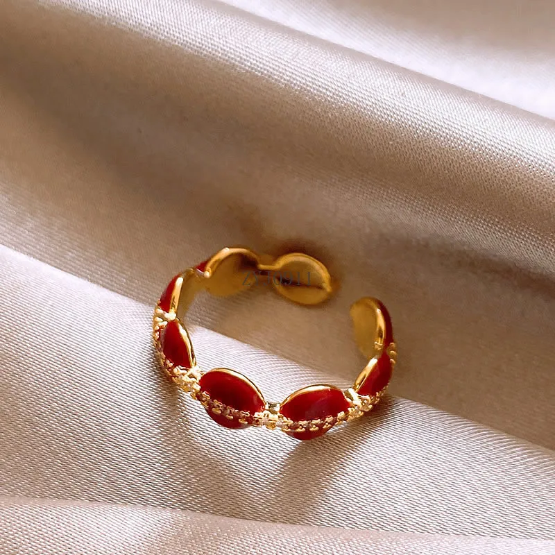 Zircon micro-inlaid red ring, female niche index finger ring, light luxury high-end open ring, little finger tail ring.