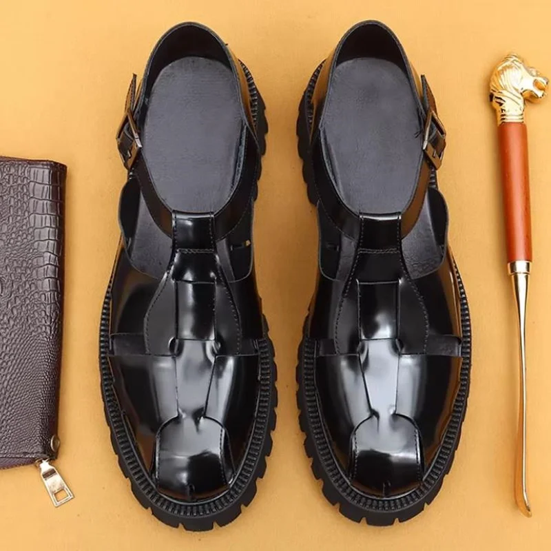 

4.5CM Height Platform Mens Genuine Leather Roman Sandals Luxury Handmade New Designer Summer Formal Social Shoes Man