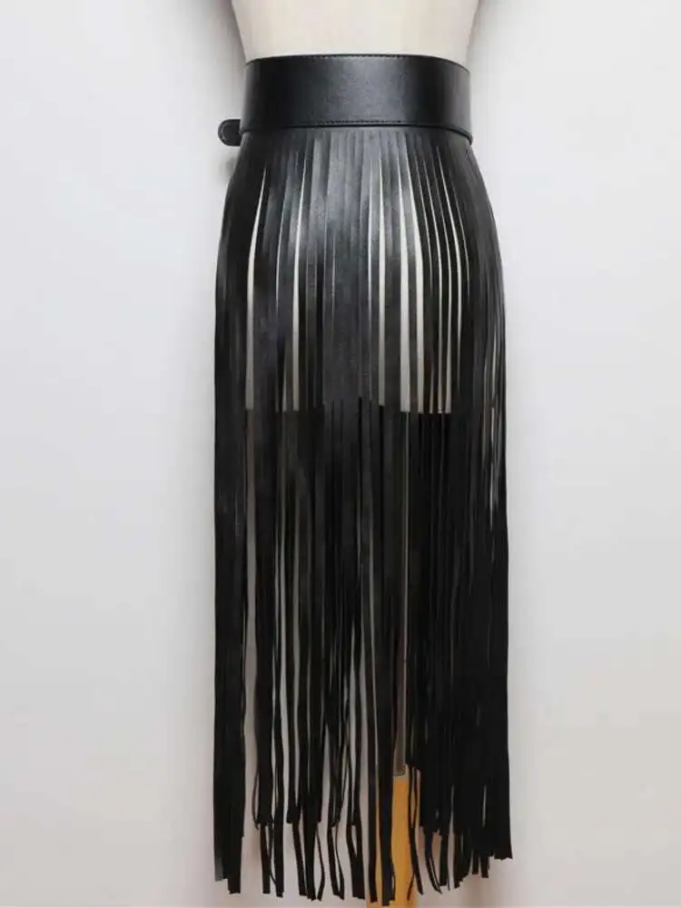 LANMREM Basics PU Leather Skirt Women Belt Black Color High Street Decoration Full Tassels Skirts Female New Fashion 2DC1326 2 LANMREM Basics PU Leather Skirt Women Belt Black Color High Street Decoration Full Tassels Skirts Female New Fashion 2DC1326 2
