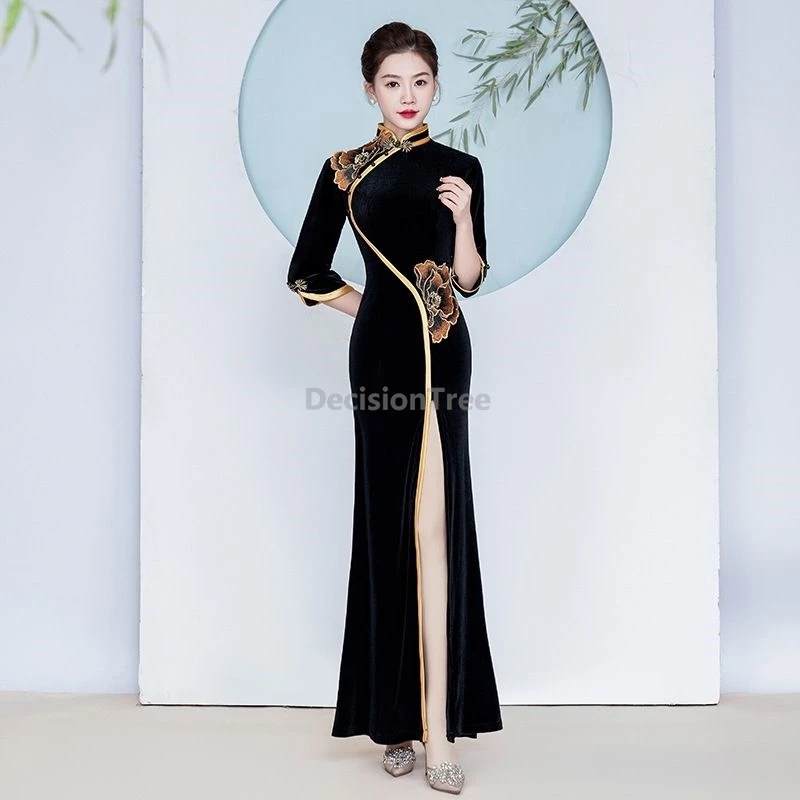 

2025 chic slit design trendy women's cheongsam elegant high end velvet chinese qipao vintage advanced sense youth party qipao