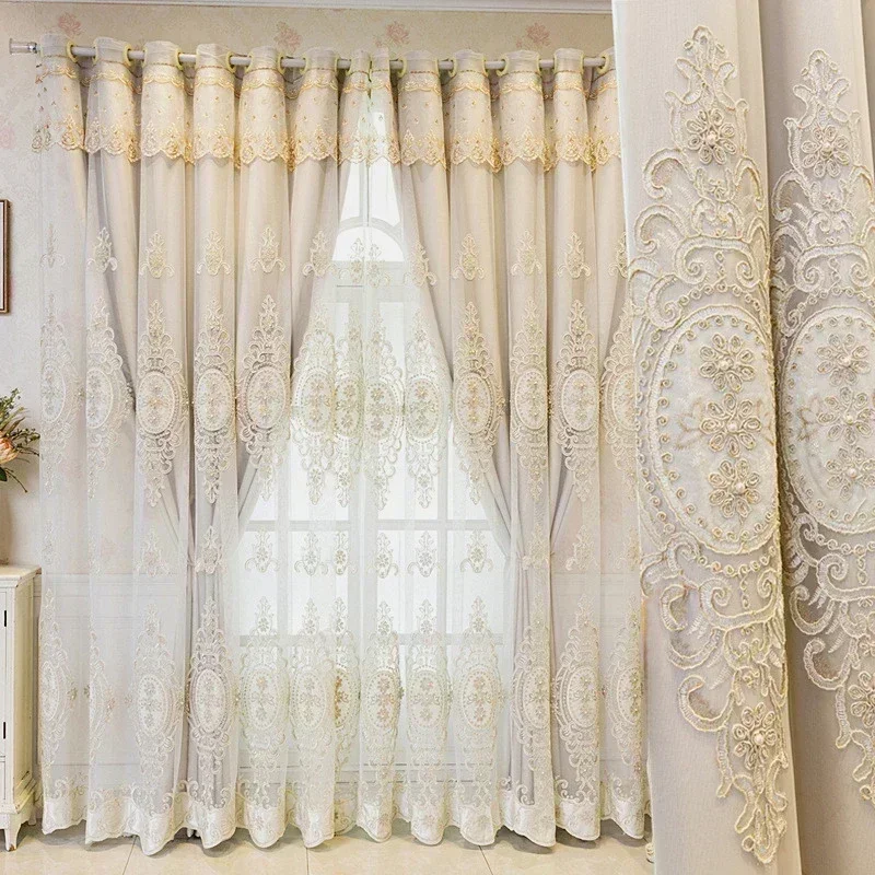 

Embossed Flower Embroidered Double Layer Luxury Curtains for Living Room Bedroom Blackout Floral Sheer Tulle Drapes Custom