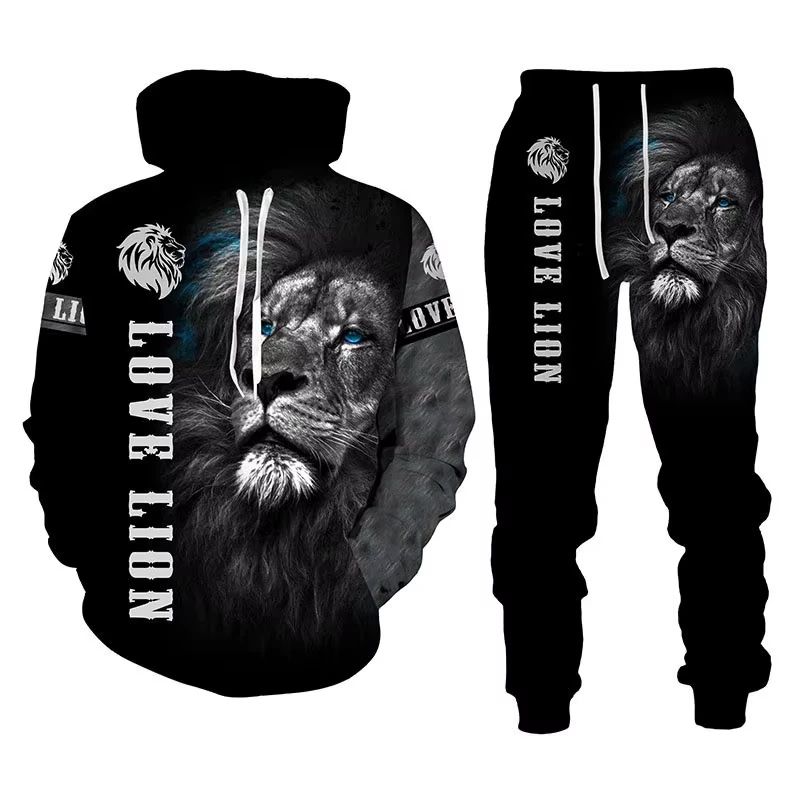 Animal 3D Print Men Hoodie Set Lion All Over Tracksuits Men Fashion Cool Hoodie Pants 2 Pcs Suit Personality Women Sweatershirt