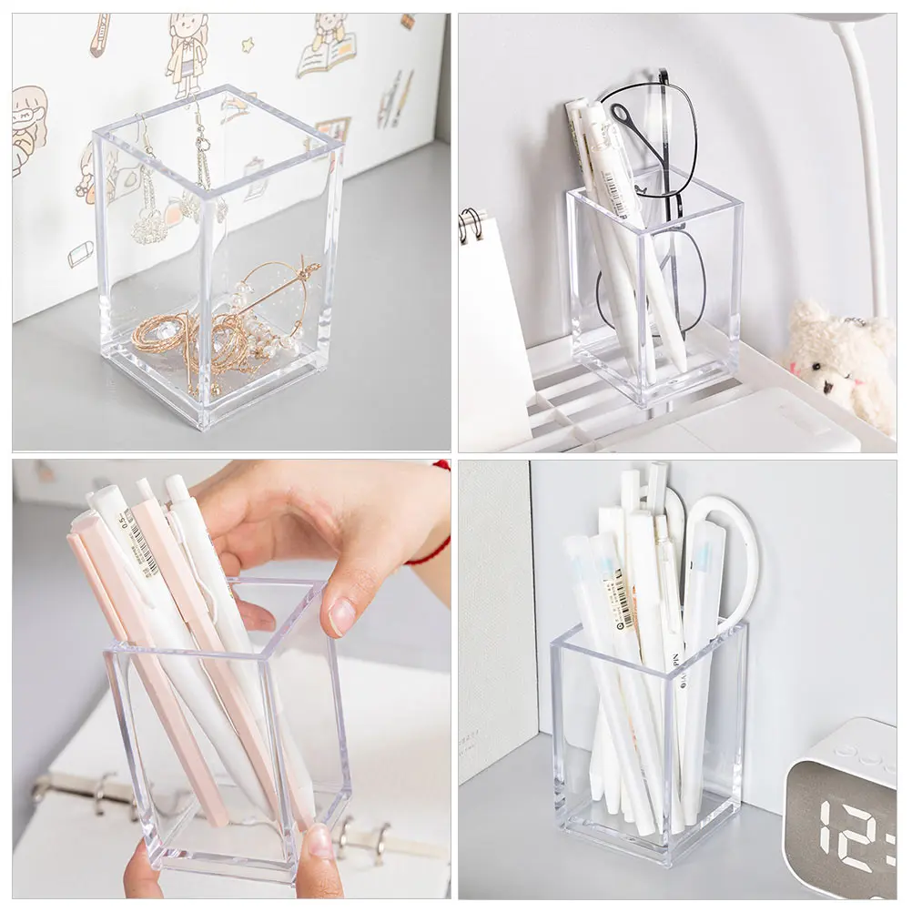 

Transparent Square Pen Holder Desktop Storage Box For Makeup Brush Organizer Container Large Capacity Storage