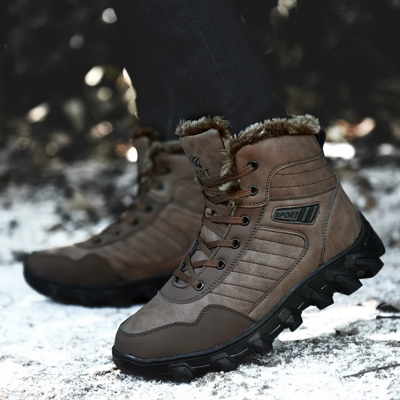 Zapatos de cuero genuino para hombre, botas de nieve cálidas para senderismo, impermeables, Zapatillas altas para exteriores, botines para caminar, Invierno