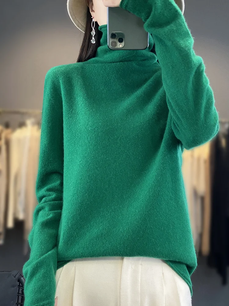 Autumn Winter Women 100% Merino Wool Pullover Turtleneck Sweater Casual Korean Style Cashmere Knitwear Bottoming Clothing