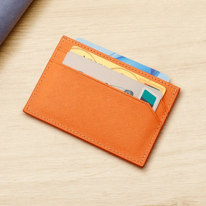 

Genuine Leather Men Card Holders Women Fashion Cross Pattern Slim ID Card Case Business Unisex Credit Card Wallet Orange Black