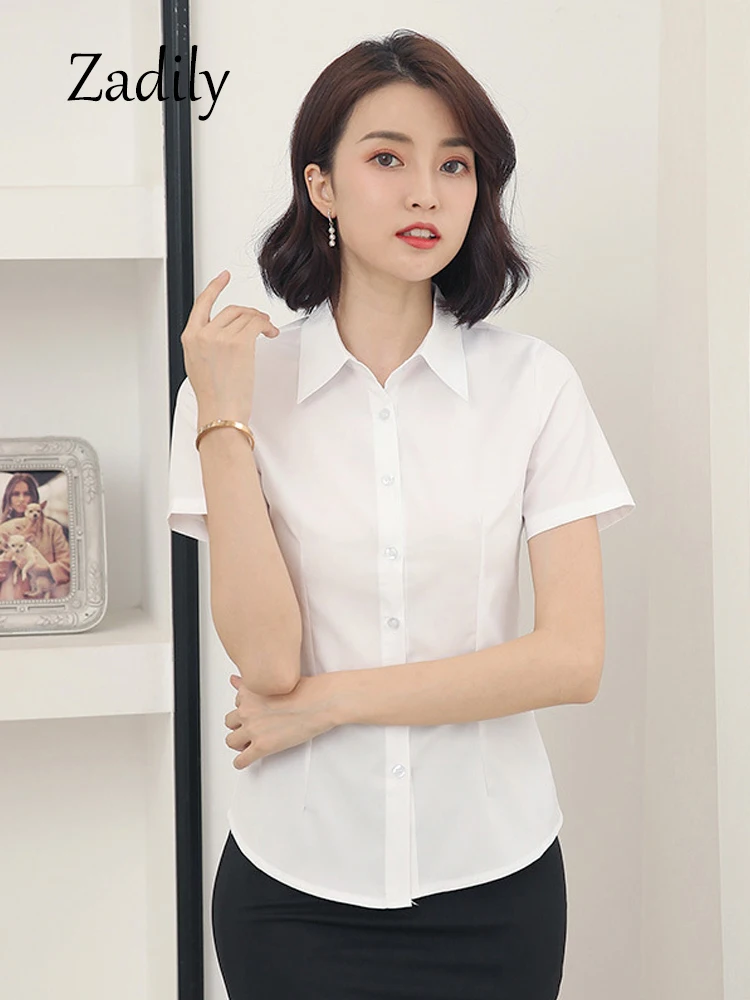 Summer Office Lady Button Up Women Basic White Shirt Minimalist Slim Tunic Button Up Top Short Sleeve Woman Work Shirts Clothing