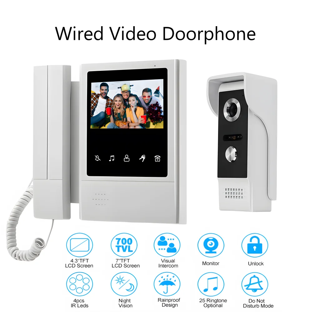 Wired 4.3 Inch Video Doorbell Intercom Villa Handheld Door phone Color 700TVL Screen Video Door Entry System for Home Apartment