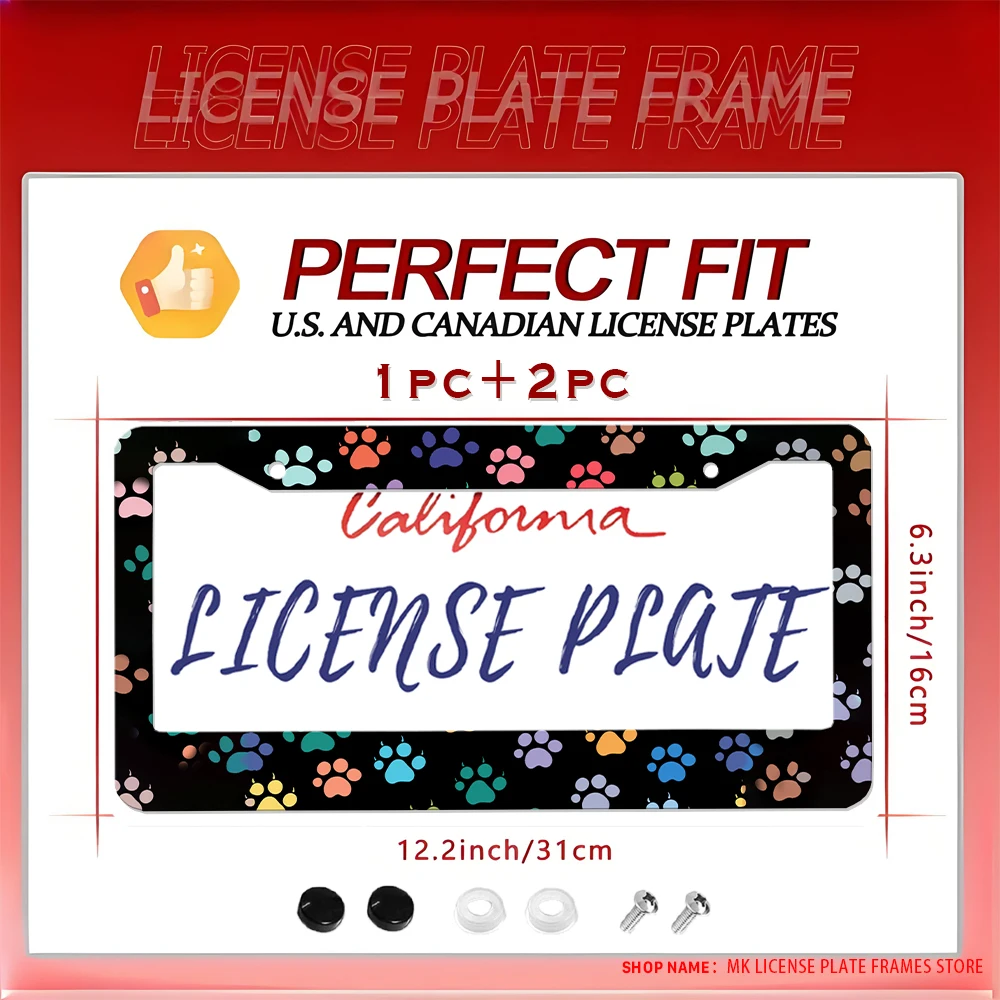 

Novelty Cartoon Colorful Paw - Print Aluminum 2 - Hole License Plate Frame with Screw Kit, Car Decoration & Gift, 6x12 Inches