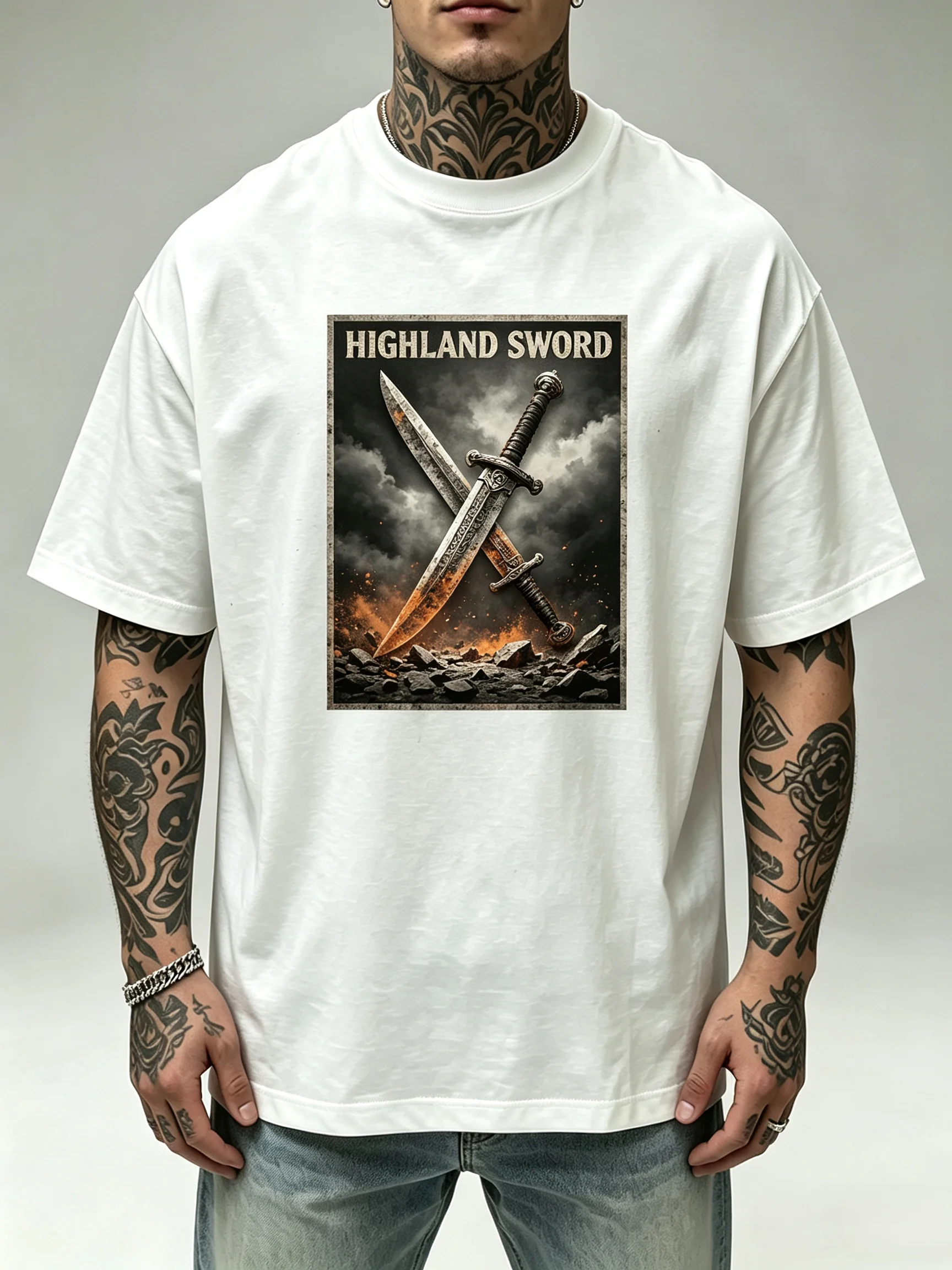 Camiseta Unisex con Espadas de las Tierras Altas para Hombres y Mujeres, Estilo Vintage Medieval, con Estampado de Espadas Cruzadas y Ruinas de Tormenta, Camiseta Gótica de la Cultura de los Guerreros, Casual, de Algodón, Manga Corta, Estilo Urbano.