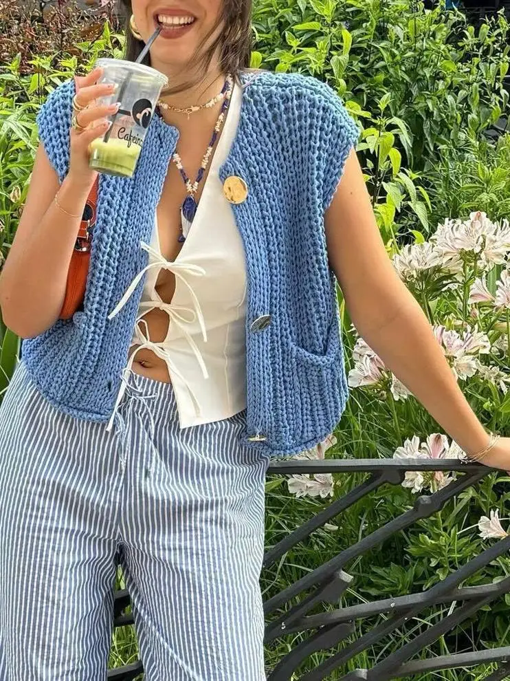 

Новый осенне-зимний женский вязаный жилет Svel V-Ne ket Футболка на пуговицах Cross-Border Faion Commute Sle Pure Color