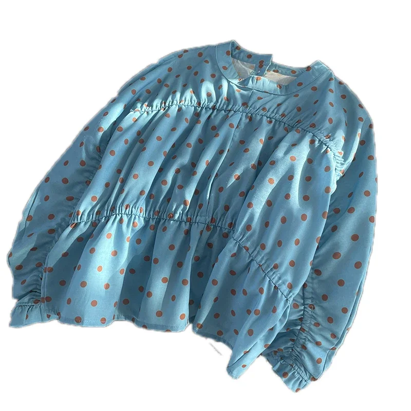 

Women's French Polka Dot Blouse Pleated Long Sleeve Crew Neck Casual Shirt