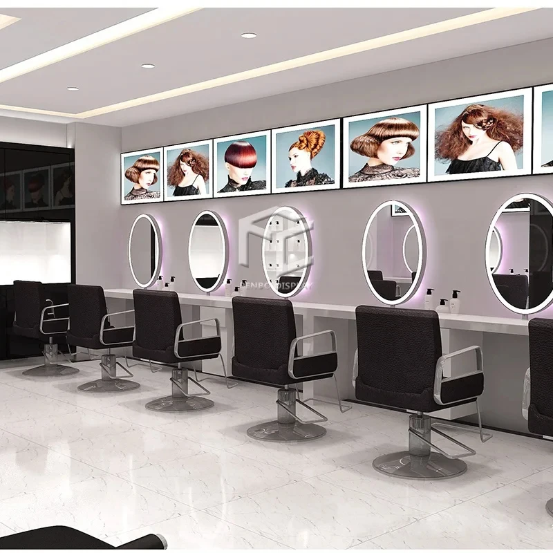 custom.High-End Interior Decoration of Salon Hair Shop With Styling Stations Wig Display Shelf Barber Shop