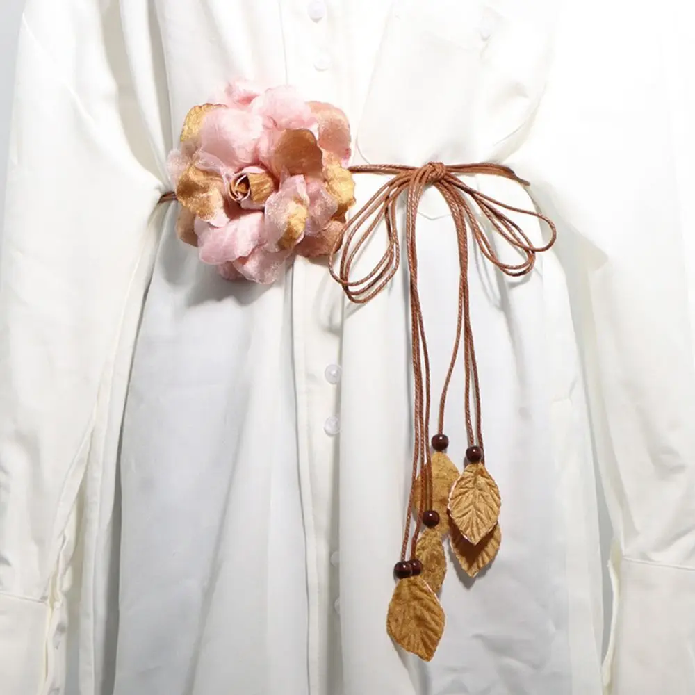 Lässig geknotete Taillen kette für Kleider Dame dünner Hüftgurt lange Quaste Geflecht Bund elegante handgemachte große Blume dekorativ