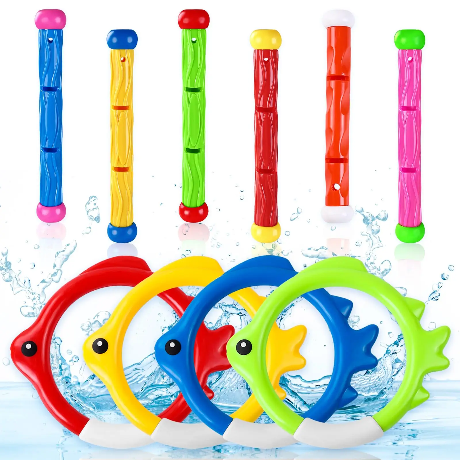 10pcs Pool Diving Swim Toys Colorful Underwater Training Sinking Throwing Dive Rings Sticks for Kids Summer Pool Swimming Party