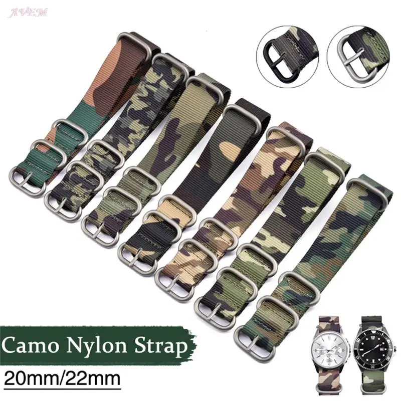 Camouflage Nylon Canvas Strap 20mm 22mm Men Stainless Steel Ring Buckle Band Bracelet Watch Accessories for Omega Rolex Seiko