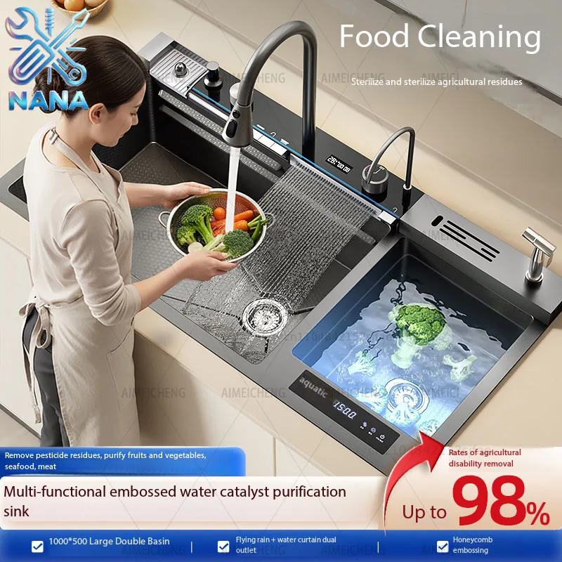 SUS304 Household Multi-functional Double Bowl Smart Sink, Water Catalysis Pesticide Residue Removal for Fruits & Veggies