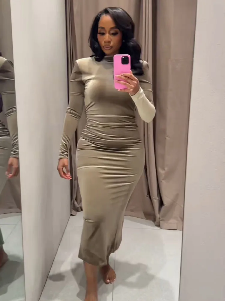 HH Vrouwen Nieuwe Mode Lange Mouwen Rits Elegante Sexy Backless Jurk Vrouw Chic Geplooide Decoratie Elegante Partij Lange Jurk