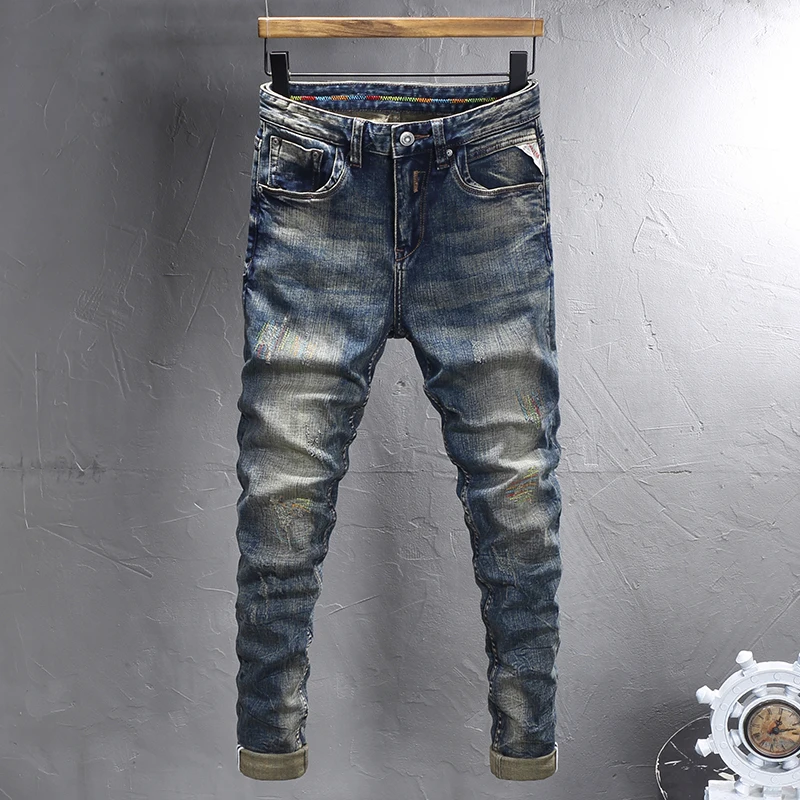 Moda de rua jeans masculino retro lavado azul estiramento fino ajuste rasgado jeans masculino bordado designer vintage calças jeans hombre