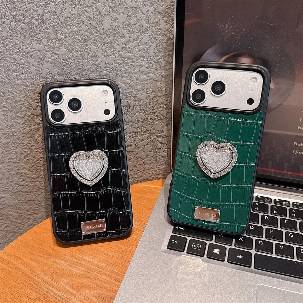 

Luxury Shiny Rhinestone Heart Stand Phone Case for 17 Pro Max Ring Holder Crocodile Pattern Protect Cover for iPhone 16 15 14 13