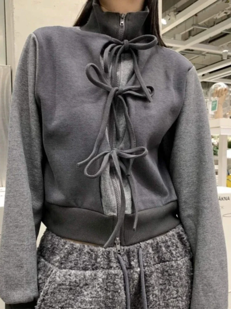 

Милый японский топ с бантом, женское осеннее утолщенное теплое пальто, женское эстетичное повседневное модное пальто Y2K, толстовки со стойкой для электронных девочек, толстовка