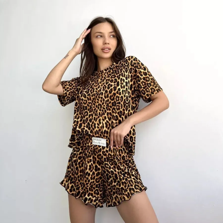 Women Pajamas Sleepwear Set Crewneck Short-sleeved T-shirt And Shorts S M L XL Brown Leopard Print Casual Comfortable Loungewear