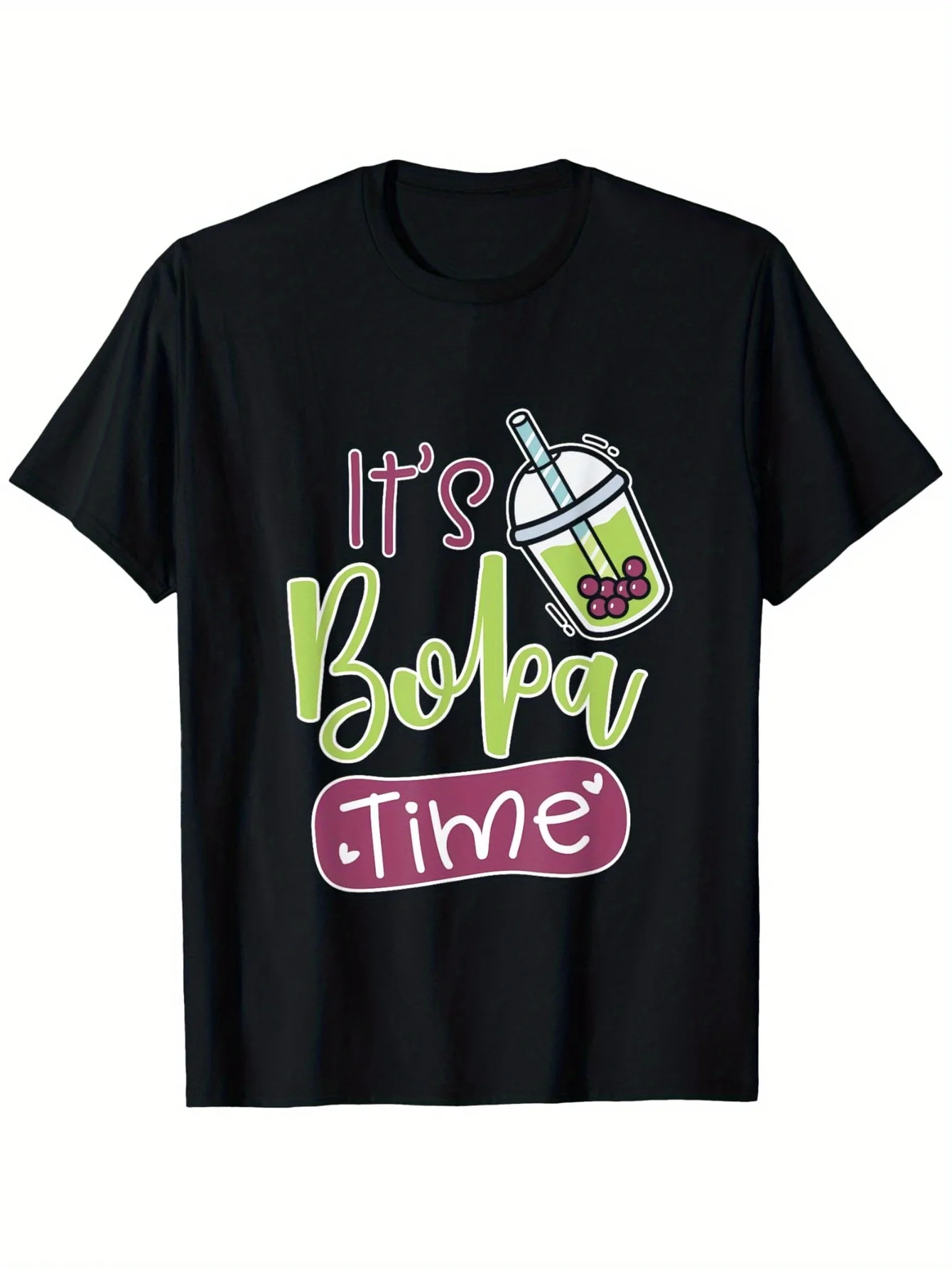 

Футболка для мальчиков с принтом Boba Time Bubble Milk Tea — черная с розовым и зеленым дизайном в виде напитков-пузырьков — дышащая, влагоотводящая.