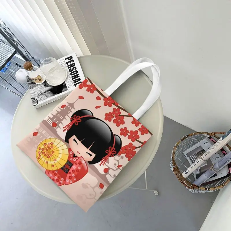 Custom Japanese Red Sakura Kokeshi Doll Grocery Shopping Bags Canvas Shopper Tote Shoulder Bag Girly Cherry Blossom Handbag