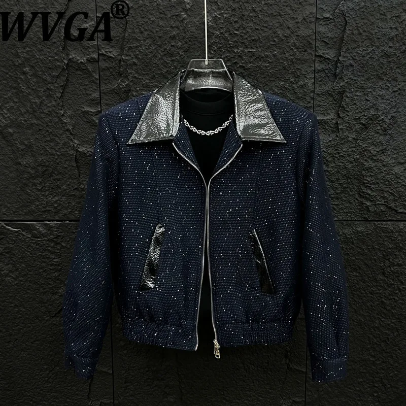 

WVGA Autumn Winter New Man Tide Sequin Trendy Short Jackets Niche Chic Casual Padded Shoulder Patchwork Leather Coats Ins W14797