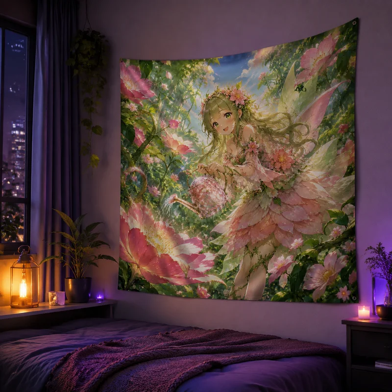 VIKAMA Cloud Angel Castle Wings Battle Lady Tapestry Pink Gold Sunset Light Floating Castle Golden Hair Anime Room Decoration