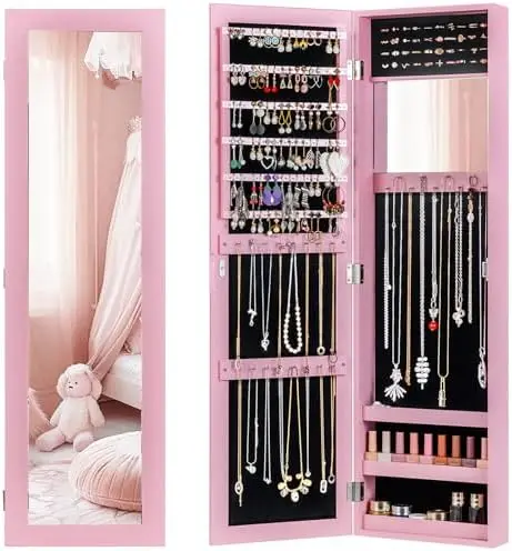 Wall Mounted Jewelry Cabinet with Full Length Mirror, Over The Door Jewelry Armoire Organizer with Large Storage