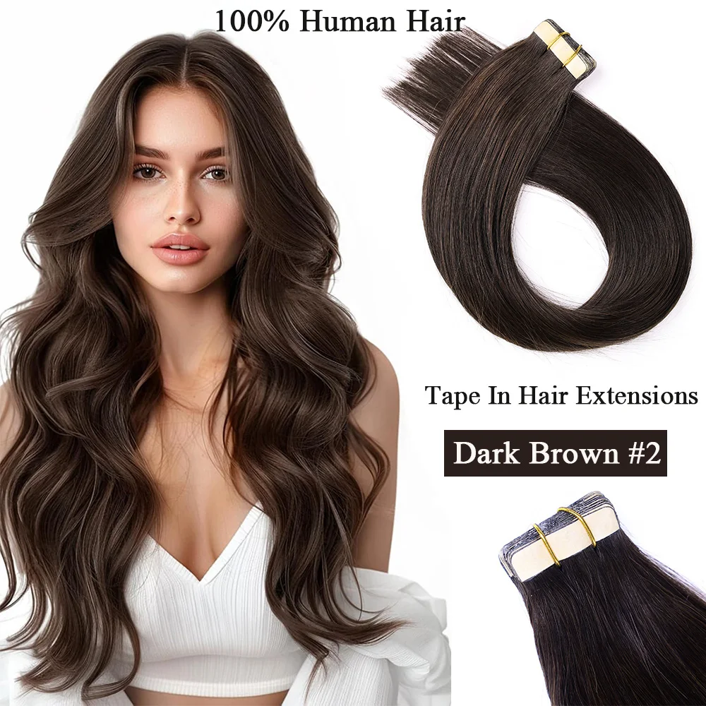 Tape in Human Hair Extensions Dark Brown #2 Seamless Invisible Tape Ins Silky Straight 100% Remy Hair for White Women 20pcs/pack