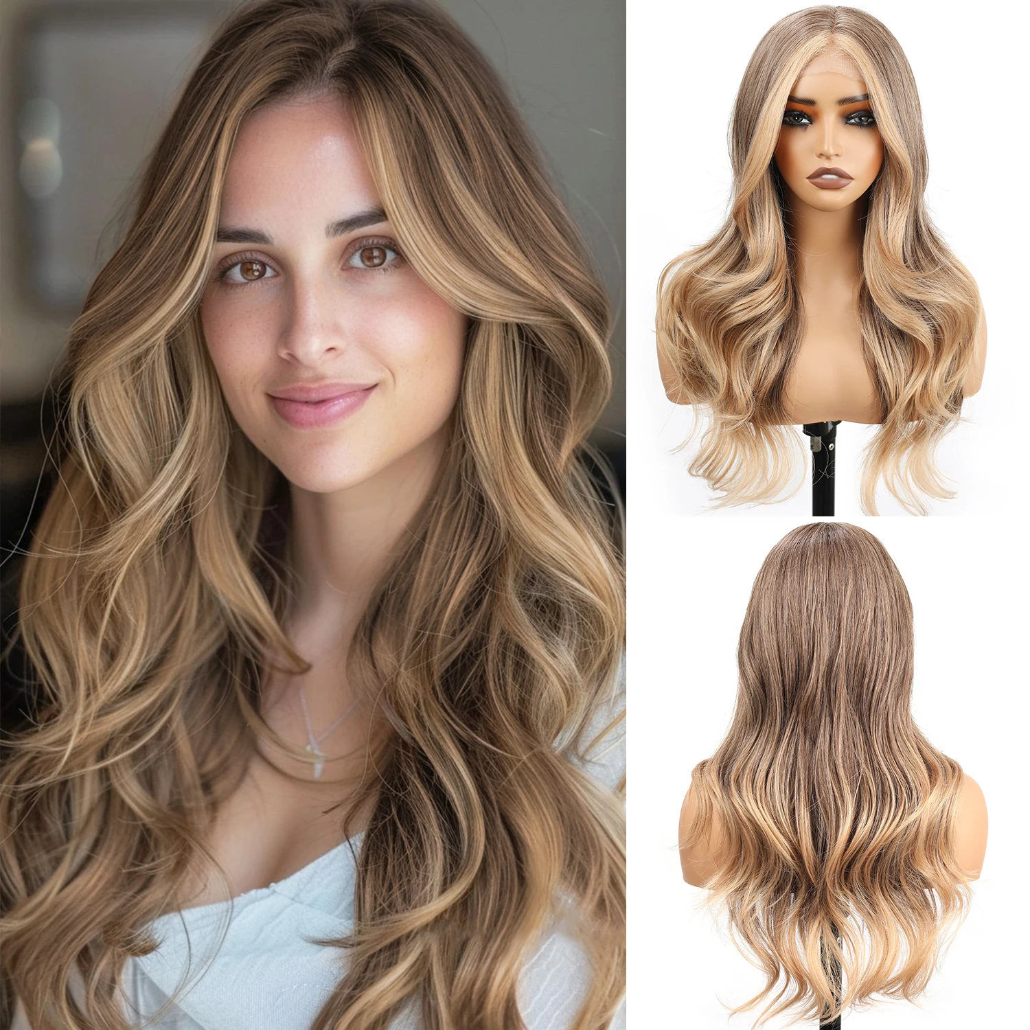 

Light blonde highlighted synthetic 13x4 lace front wig, layered wavy glue-free wig, suitable for women's daily wear, 24 inches.