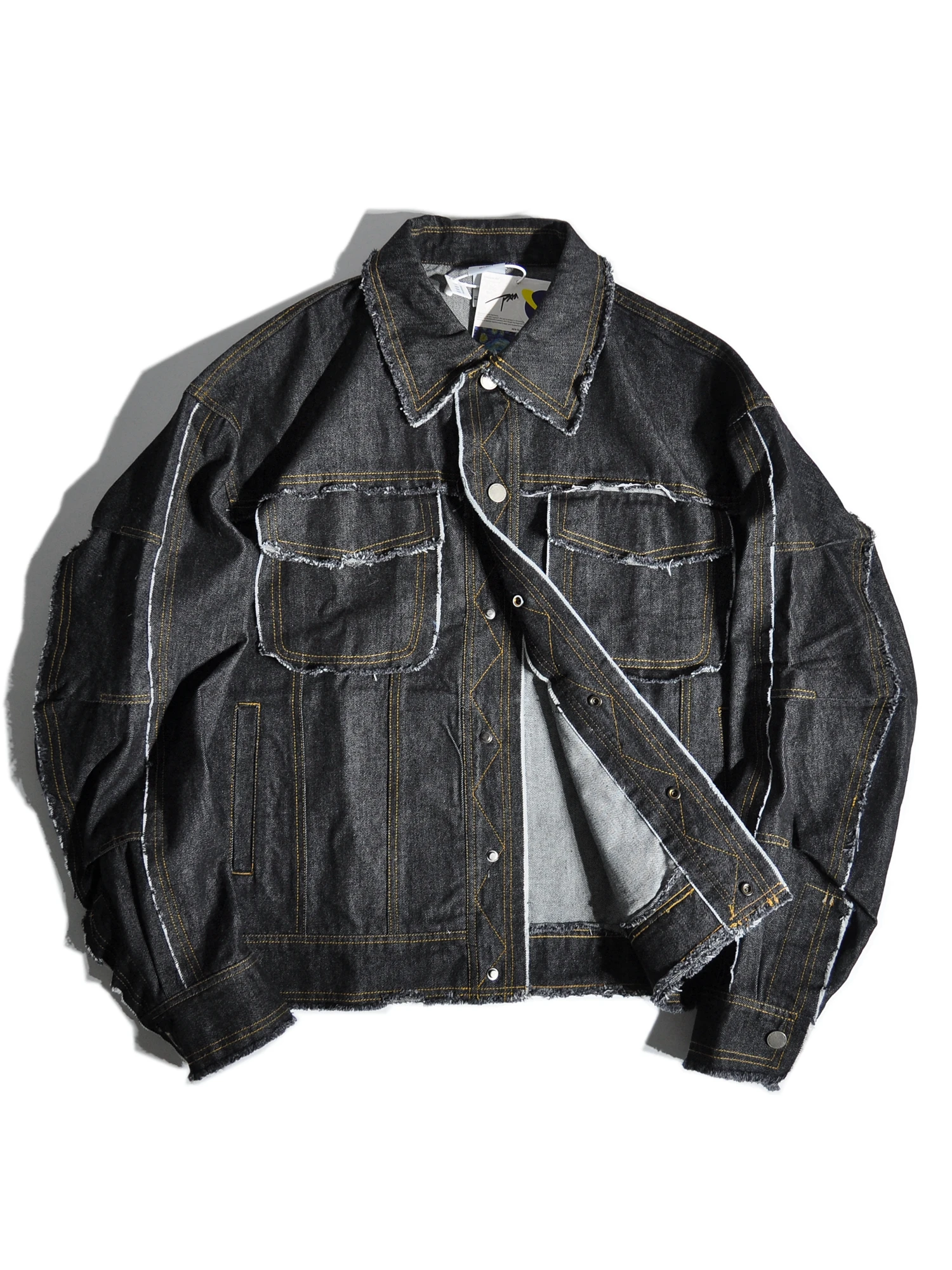 

Vintage Japanese y Distred Frayed Loose Fit Denim Jaet Hong Kong Sle Haome Multi-ket Workwear Coat Trendy