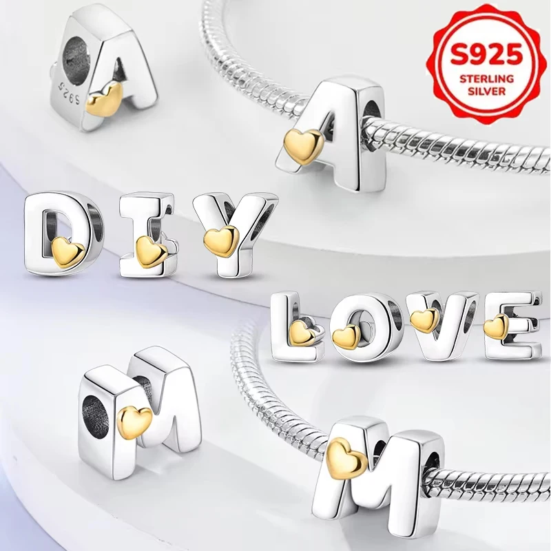 26 Letters Beads S925 Silver Two Tone Gold Heart Alphabet Charm Fit Pan Bracelet Women Custom Name Pendant Fine Jewelry Gift