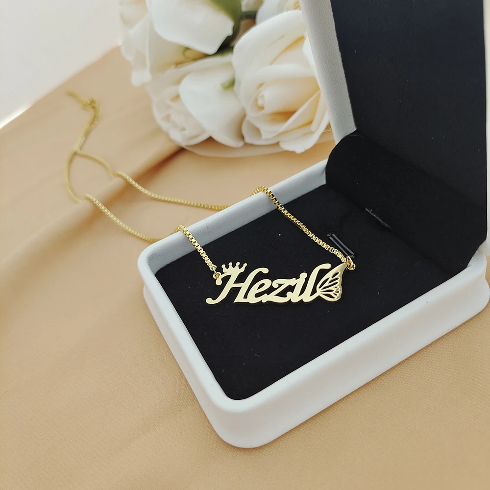 DODOAI Custom Name Necklace With Heart and Crown Personalized Name Jewelry Gold Custom Necklace Stainless Box Chain Jewelry Gift