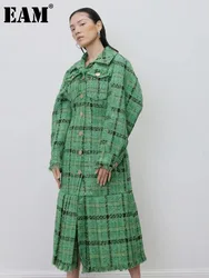 [EAM] Green Pleated Hem Elegant Tassels Woolen Coat New Lapel Long Sleeve Women Jacket Fashion Tide Autumn Winter 2024 1DH7223