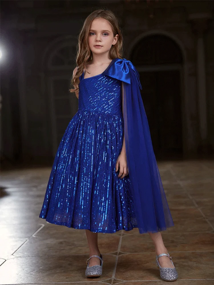 Blue One Shoulder Sequin Girl Flower Girl Evening Dress Wedding Shiny Multi-Color Girl Birthday Performance Evening Dress