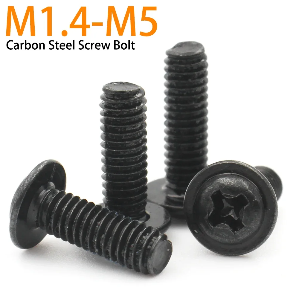 

10/20/50/100pcs M1.4 M2 M2.5 M3 M3.5 M4 M5 Black Carbon Steel Phillips Cross Recessed Pan Round Head with Washer Screw Bolt PWM