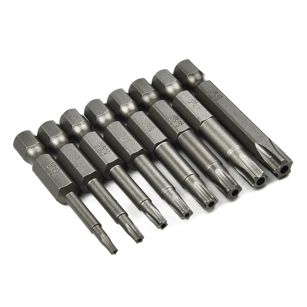 8Pcs Torx Screwdriver Bits 1/4 Hex Shank Five-Point Security  Magnetic Screw Bits Drill Bits Set Hand Tools T8-T40 50mm