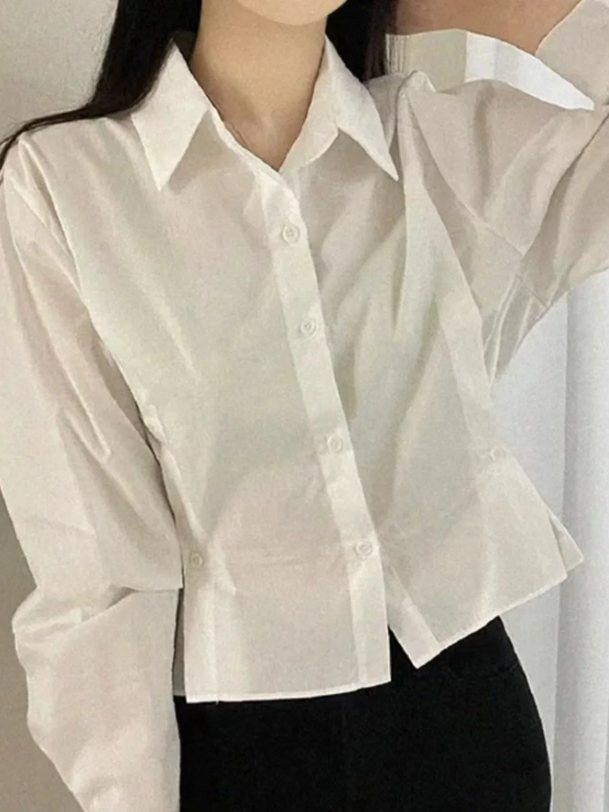 

Slimming Chic Women's Shirt Spring Fashion Side Button Waist Cinch Korean Style Loose Fit Long Sleeve Short Length Color