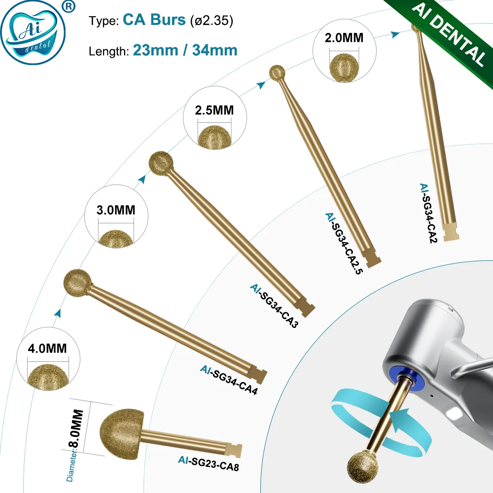 

Dental Diamond Burs CA 2.35mm for Low Speed Handpiece Polishing and Cutting with 23/26/34mm Length 1pcs Surgical Golden Burs