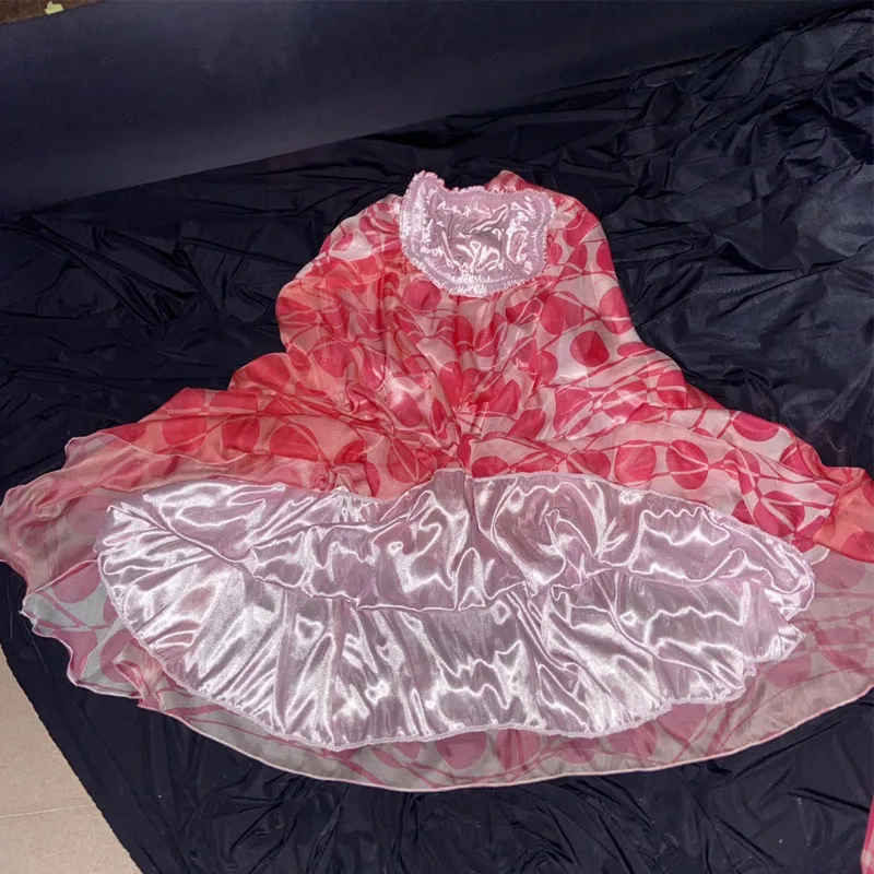 メンズセクシーチュール外側アイスシルク内側光沢シルキーロングスカート レディース花柄プリントハイウエストルーズビッグスイングハーフスカート