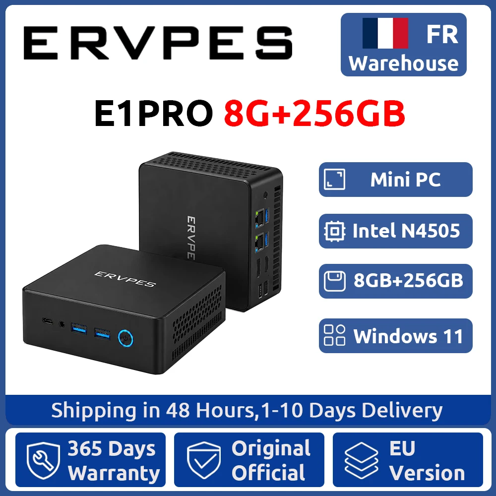 ERVPES E1PRO Mini PC 8GB LPDDR4 256GB SSD Intel N4505 Windows 11 Pro Dual-Band Wifi BT5.0 Office Desktop Mini Computer