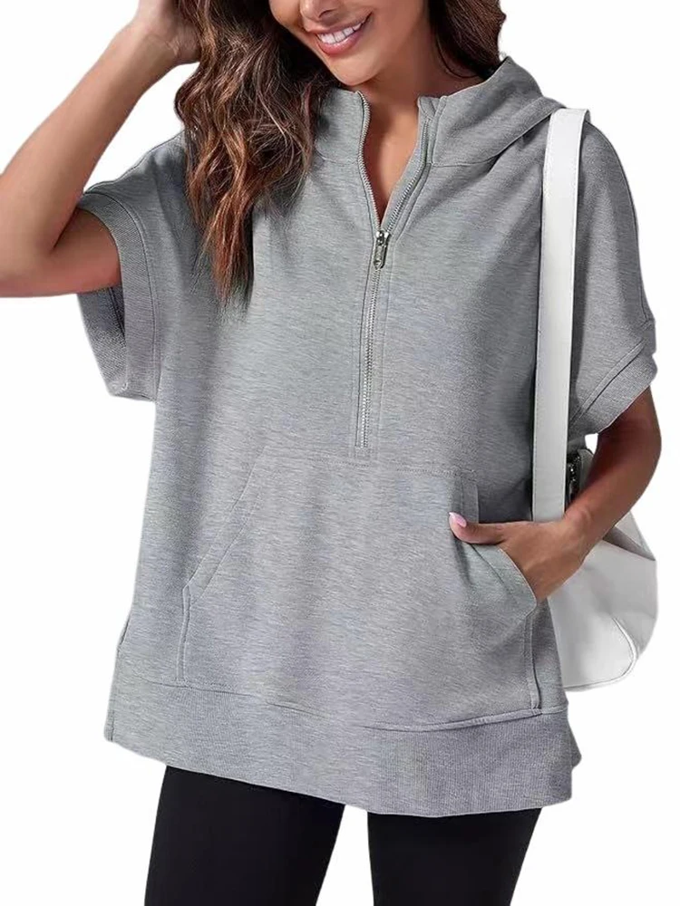 Top Women's Short Sleeve Sweatshirt T-shirt Half Zip Solid Color Side Split Hoodies With Pockets Fashion Pullover Female Tees