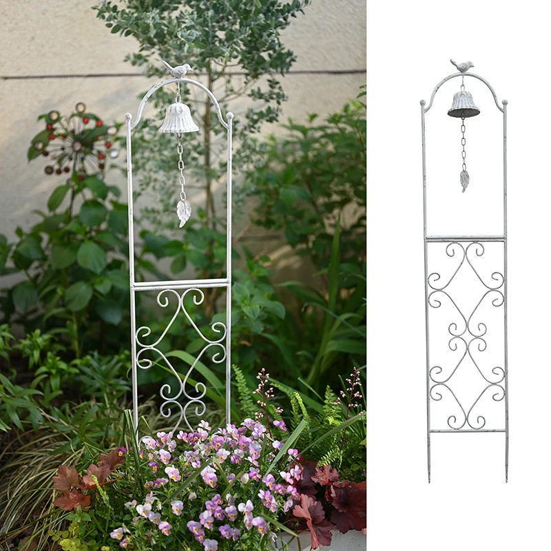 Vintage Bird Plant Support Iron Flower Stand for Clematis Decorative Garden Screen with Wind Chimes Small Climbing Flower Rack
