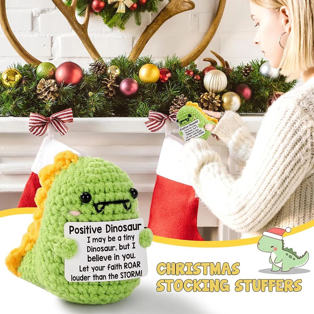 Positive Crochet Dinosaur Doll with Card Home Room Decor Handmade Knitting Emotional Support Dinosaur Ornament Christmas Gifts