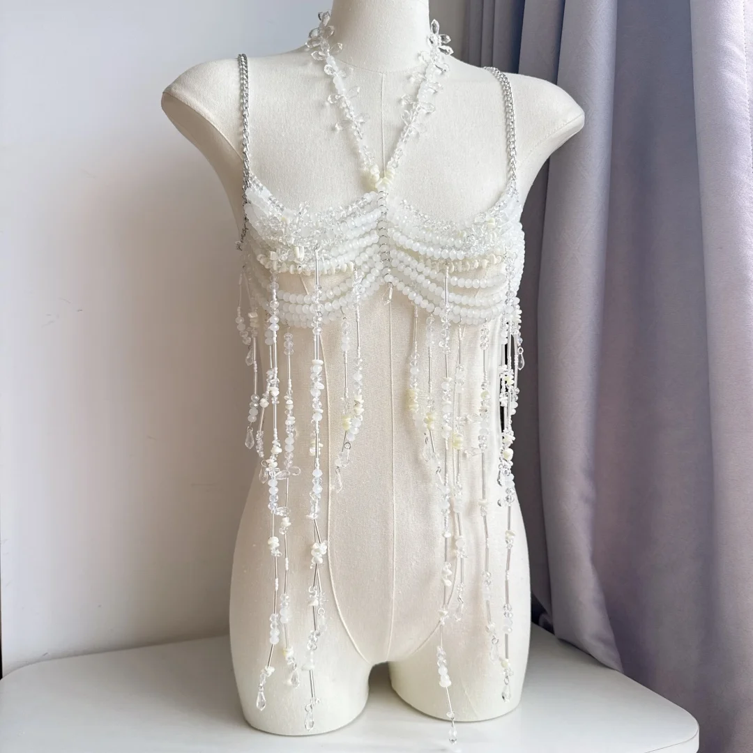 Vrouwen Tops Kralen Hemdje Vest Bikini Bh Top Body Overdreven Parel Hals Bustier Beachwear Lingerie Vrouw Club Rave