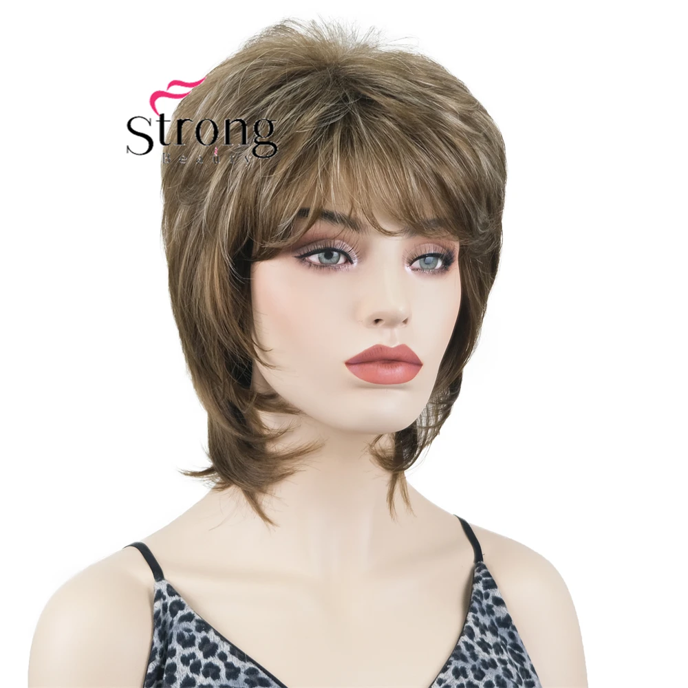 Short straight light brown with highlight medium length cascaded layers synthetic womens full wig